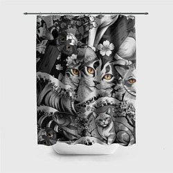 Шторка для душа С котами и рыбой на фоне сакуры в волнах, цвет: 3D-принт