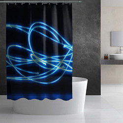 Шторка для душа Неоновые голубые волны на черном фоне, цвет: 3D-принт — фото 2