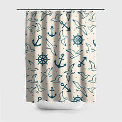 Шторка для душа Морской паттерн из штурвалов, чаек и якорей, цвет: 3D-принт