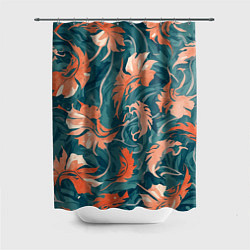 Шторка для душа Рыже-бирюзовый паттерн с осенними листьями, AI, цвет: 3D-принт