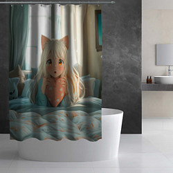 Шторка для душа Аниме девушка в кровати с сердцем, цвет: 3D-принт — фото 2