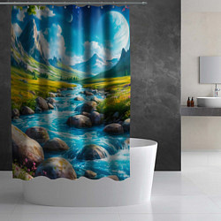 Шторка для душа Пейзаж художественный горы речка камни, цвет: 3D-принт — фото 2