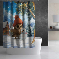 Шторка для душа Совушка в шапочке лепит снеговика, цвет: 3D-принт — фото 2