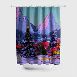 Шторка для душа Новогодние елки в горном городке, цвет: 3D-принт