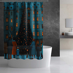 Шторка для душа Люди встречают новый год во дворе, цвет: 3D-принт — фото 2