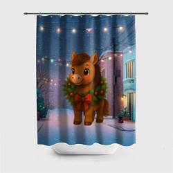 Шторка для душа Лошадка с новогоднем венком 2026, цвет: 3D-принт