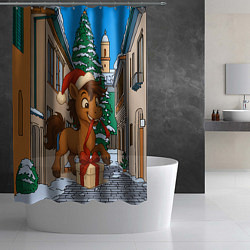 Шторка для душа Лошадка распаковывает новогодний подарок, цвет: 3D-принт — фото 2