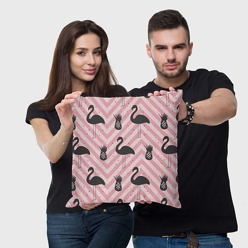 Подушка квадратная Черный фламинго арт / 3D-принт – фото 3