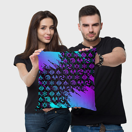 Подушка квадратная GENSHIN NEON PATTERN SYMBOL НЕОН ЭМБЛЕМЫ / 3D-принт – фото 3