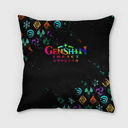 Подушка квадратная GENSHIN IMPACT NEON LOGO RAINBOW STYLE, ЭМБЛЕМЫ, цвет: 3D-принт