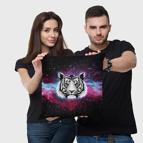 Подушка квадратная ТИГР В НЕОНОВОМ КОСМОСЕ NEON TIGER GALAXY / 3D-принт – фото 3