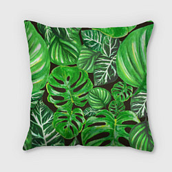 Подушка квадратная Тропические листья на темном фоне, цвет: 3D-принт