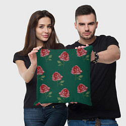 Подушка квадратная Ярко красные розы на темно-зеленом фоне, цвет: 3D-принт — фото 2