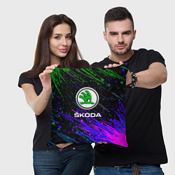 Подушка квадратная Skoda разноцветные брызги, цвет: 3D-принт — фото 2