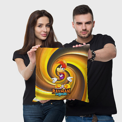 Подушка квадратная Rayman Legends на фоне желтой спирали / 3D-принт – фото 3