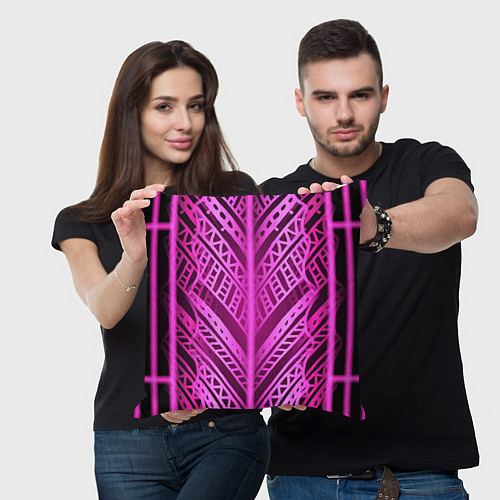 Подушка квадратная Неоновая абстракция Розовый светящийся узор на тем / 3D-принт – фото 3