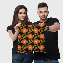 Подушка квадратная Оранжевые цветы на черном фоне, цвет: 3D-принт — фото 2