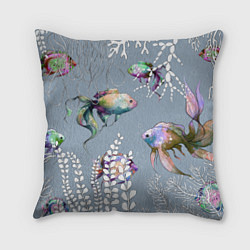 Подушка квадратная Разноцветные акварельные рыбки и белые водоросли, цвет: 3D-принт
