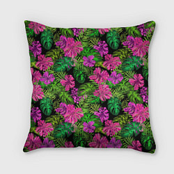 Подушка квадратная Тропические листья и цветы на черном фоне, цвет: 3D-принт