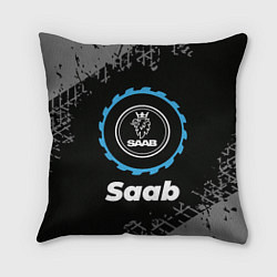 Подушка квадратная Saab в стиле Top Gear со следами шин на фоне, цвет: 3D-принт