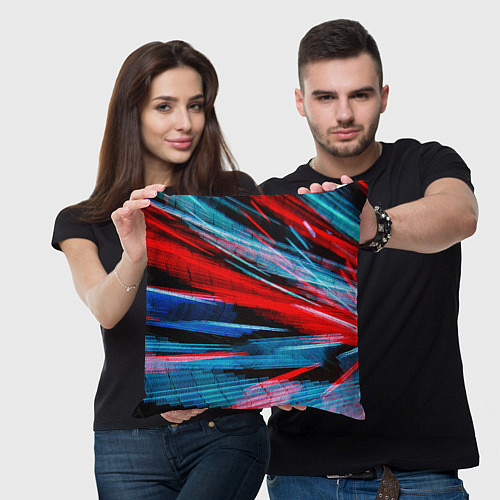 Подушка квадратная Неоновые прерывающиеся линии - Красный и голубой / 3D-принт – фото 3