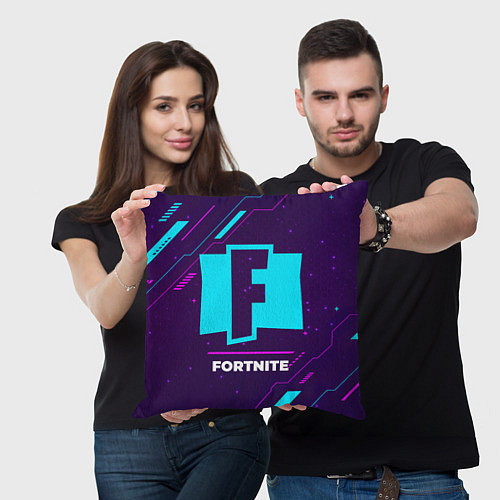 Подушка квадратная Символ Fortnite в неоновых цветах на темном фоне / 3D-принт – фото 3