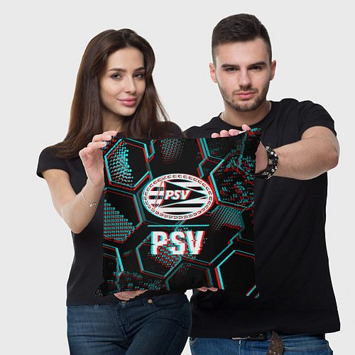 Подушка квадратная PSV FC в стиле Glitch на темном фоне / 3D-принт – фото 3