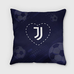 Подушка квадратная Лого Juventus в сердечке на фоне мячей, цвет: 3D-принт