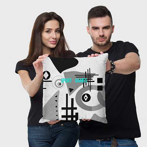 Подушка квадратная SPORT GAMES черно-белый абстрактный узор / 3D-принт – фото 3