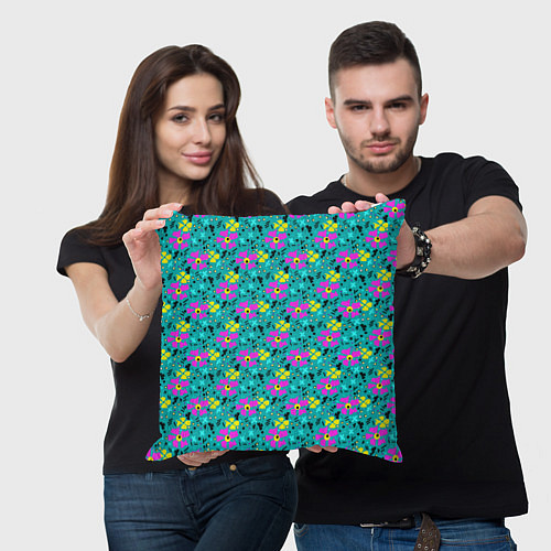 Подушка квадратная Яркий цветочный узор на бирюзовом фоне / 3D-принт – фото 3