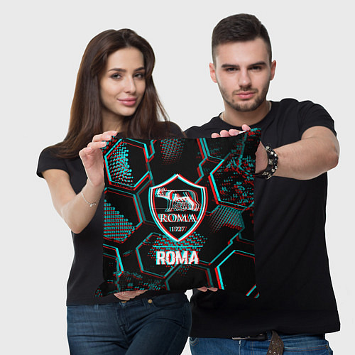 Подушка квадратная Roma FC в стиле Glitch на темном фоне / 3D-принт – фото 3