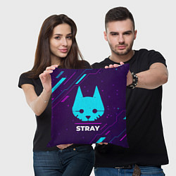 Подушка квадратная Символ Stray в неоновых цветах на темном фоне, цвет: 3D-принт — фото 2