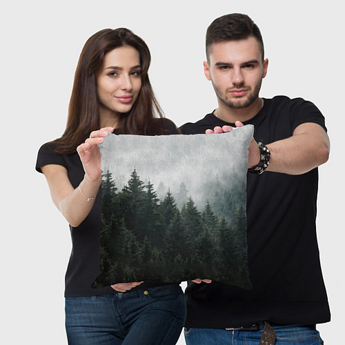 Подушка квадратная Туманный хвойный лес / 3D-принт – фото 3