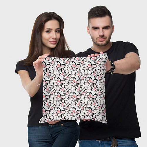 Подушка квадратная Бело-розовые цветы с черной обводкой / 3D-принт – фото 3