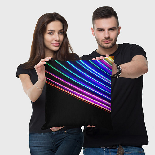 Подушка квадратная Неоновые полосы на черном / 3D-принт – фото 3