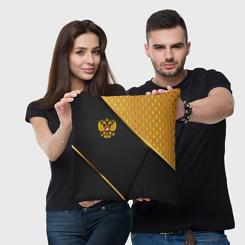 Подушка квадратная Герб России на черном фоне с золотыми вставками / 3D-принт – фото 3