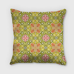 Подушка квадратная Зеленые узоры и оранжевые цветы, цвет: 3D-принт