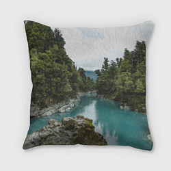 Подушка квадратная Река, лес и скалы, цвет: 3D-принт