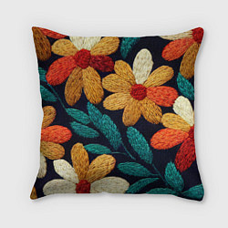 Подушка квадратная Цветы в стиле вышивки, цвет: 3D-принт