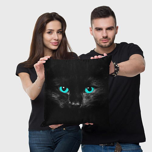 Подушка квадратная Чёрный кот с бирюзовыми глазами / 3D-принт – фото 3
