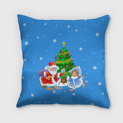 Подушка квадратная Дед Мороз, Снегурочка и елка, цвет: 3D-принт