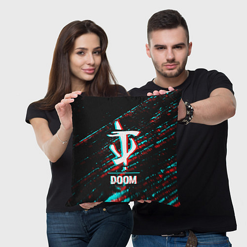 Подушка квадратная Doom в стиле glitch и баги графики на темном фоне / 3D-принт – фото 3