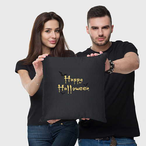 Подушка квадратная Happy Halloween надпись с летучими мышами / 3D-принт – фото 3