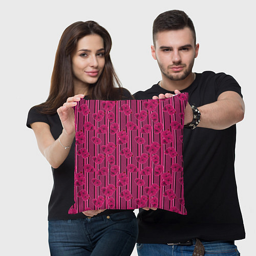Подушка квадратная Малиновый полосатый узор с цветами анемонов / 3D-принт – фото 3