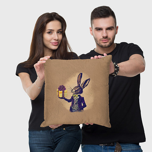 Подушка квадратная Кролик в костюме с подарком / 3D-принт – фото 3