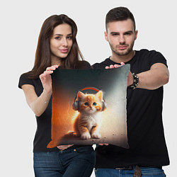 Подушка квадратная Милый рыжий котёнок в наушниках, цвет: 3D-принт — фото 2