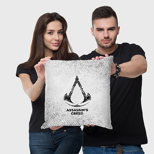 Подушка квадратная Assassins Creed с потертостями на светлом фоне / 3D-принт – фото 3