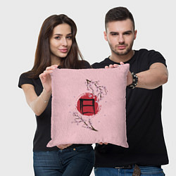 Подушка квадратная Цветущая сакура с иероглифом cолнце, цвет: 3D-принт — фото 2