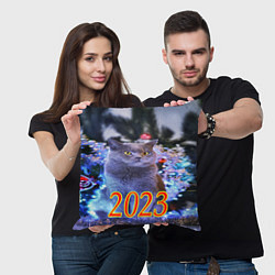Подушка квадратная Дымчатый кот и елка, цвет: 3D-принт — фото 2