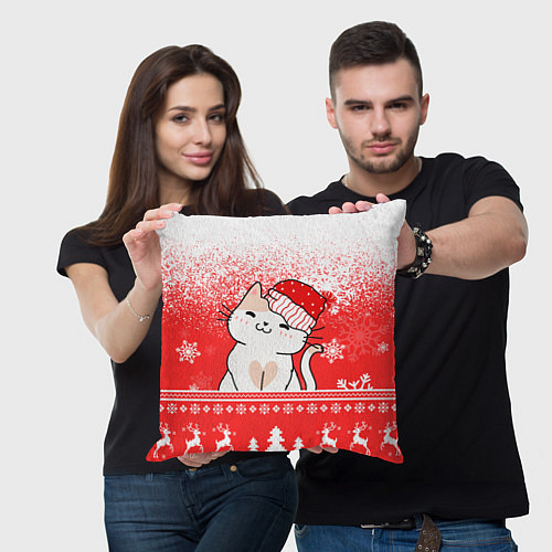 Подушка квадратная Новогодний милый котик / 3D-принт – фото 3